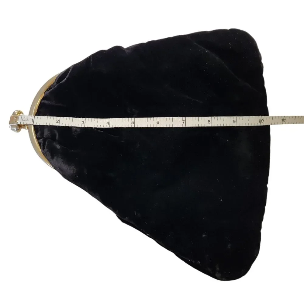 Vintage Black Velvet Fold Over Clutch Evening Bag Rhinestone Clip Frame Retro